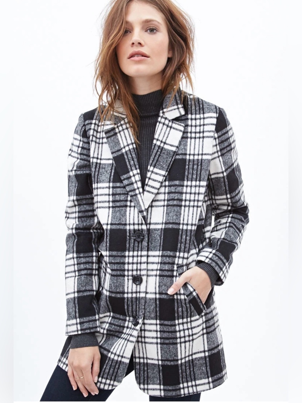 Forever 21 Black White Plaid Coat Women's Small Classic Long Jacket Preppy